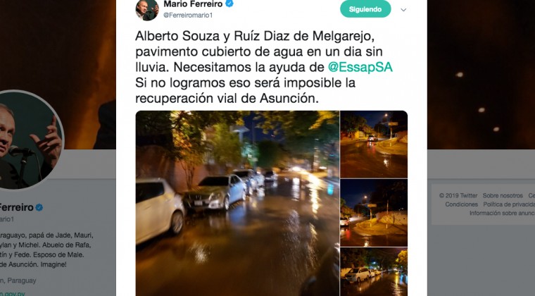 Ferreiro pide “ayuda” vía Twitter a la Essap por caño roto y le llueven críticas
