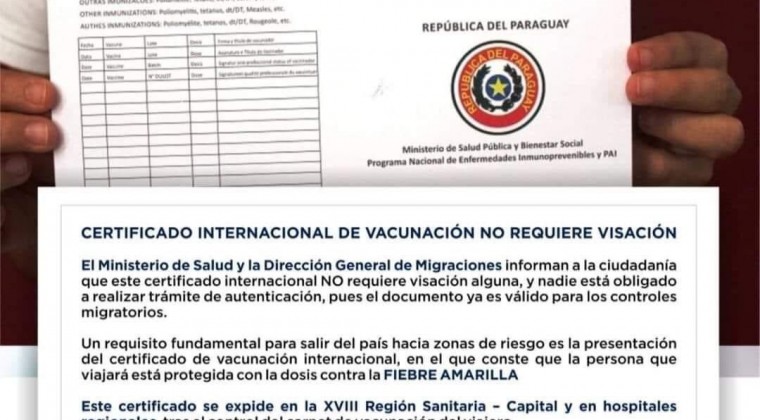 Certificado Internacional de Vacunación no exige visación